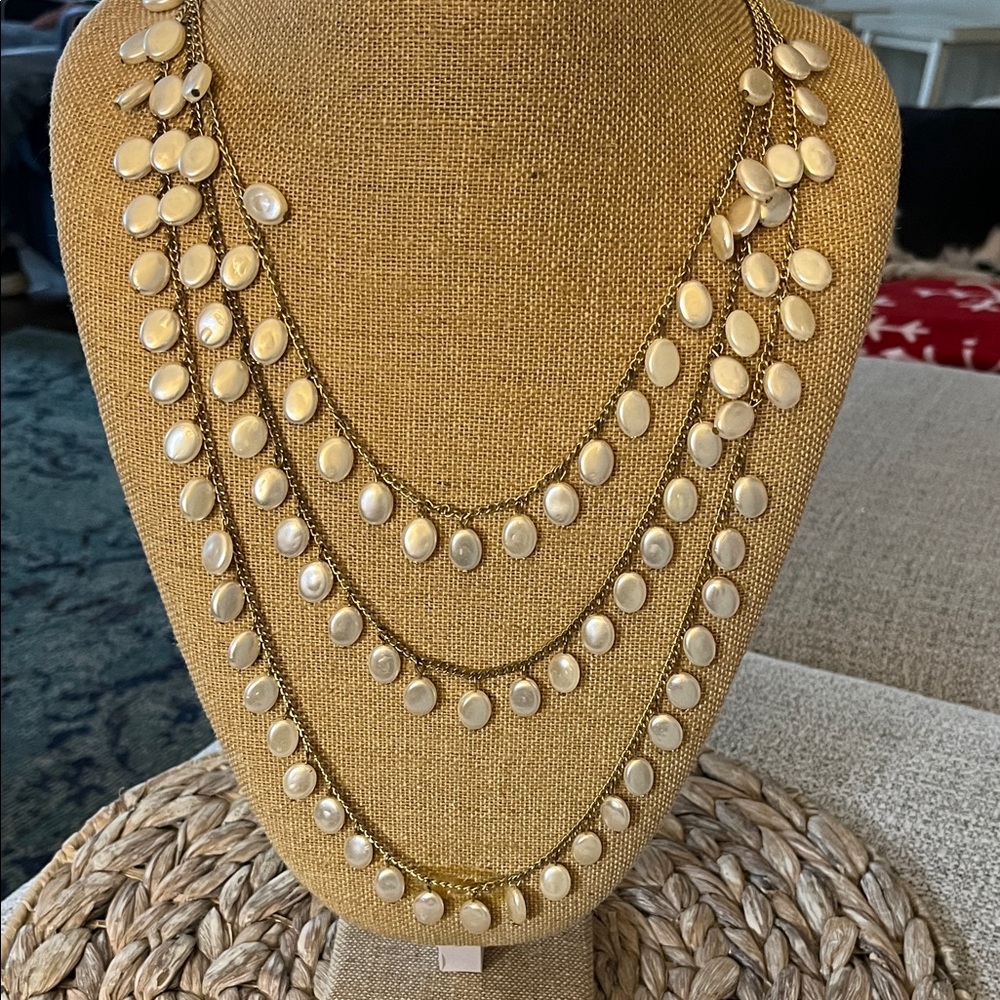 Triple Strand Gold Tone and‎ Cream Flat Faux Pearl Necklace